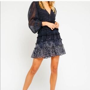 Olivaceous, long sheer sleeve,mini, Deep V neck, smocked, tiered,floral, navy,Md